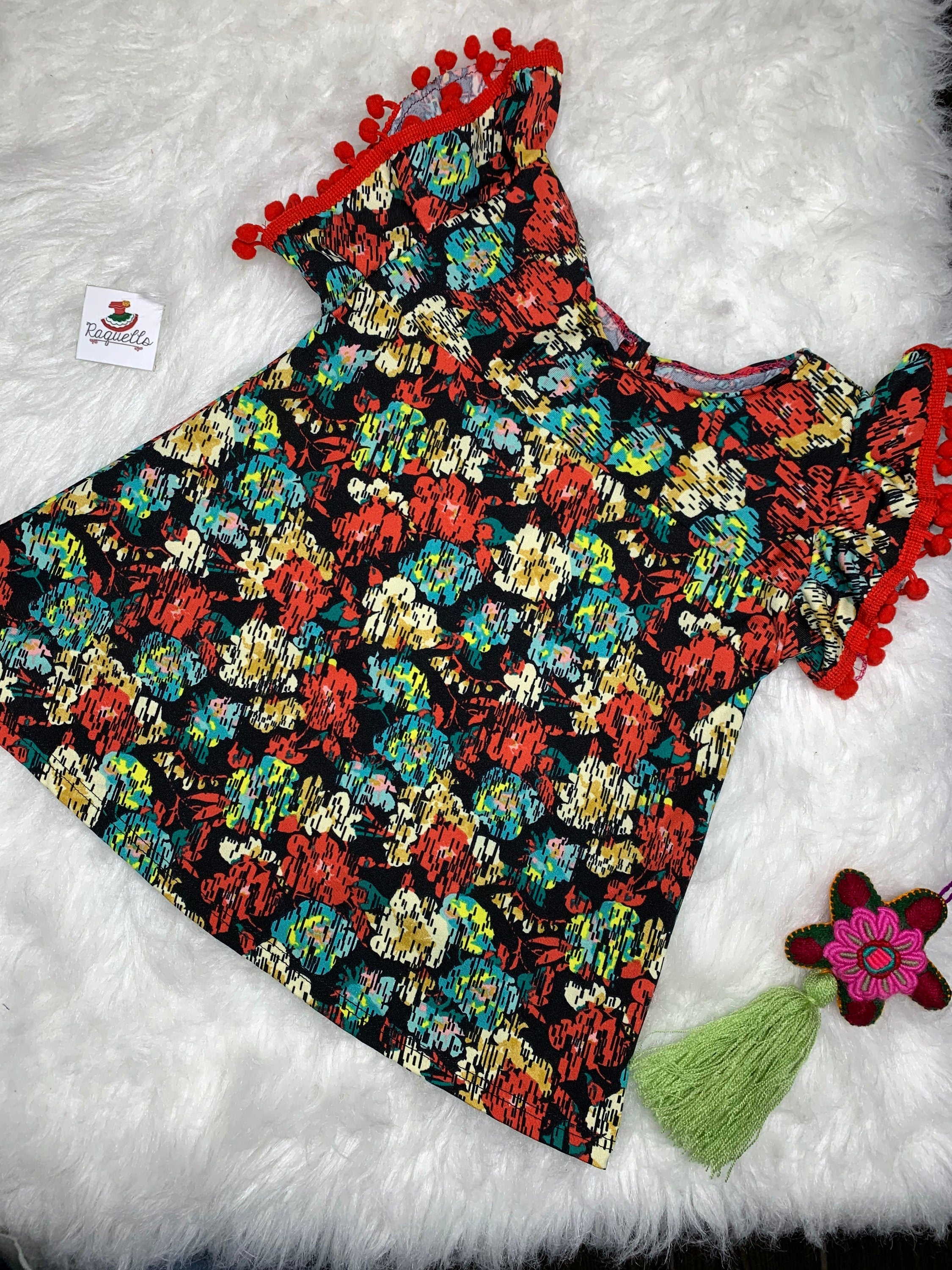 Handmade Floral Print PomPom Girls Dresses