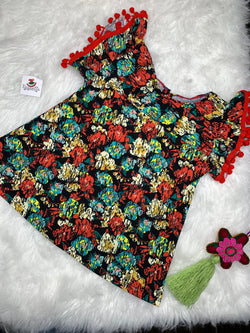 Image of Handmade Floral Print PomPom Girls Dresses