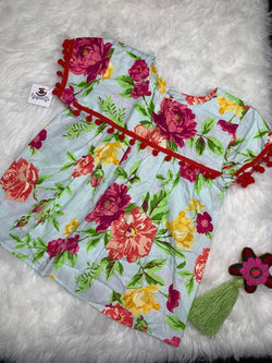 Image of Handmade Floral Print PomPom Girls Dresses