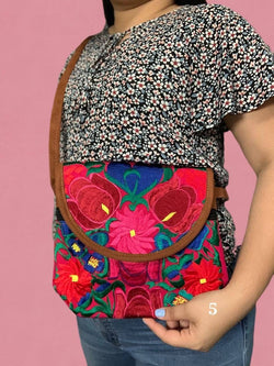 Image of Artisanal Suede Handmade Messenger Bag - Mexican Embroidered Messenger Bag