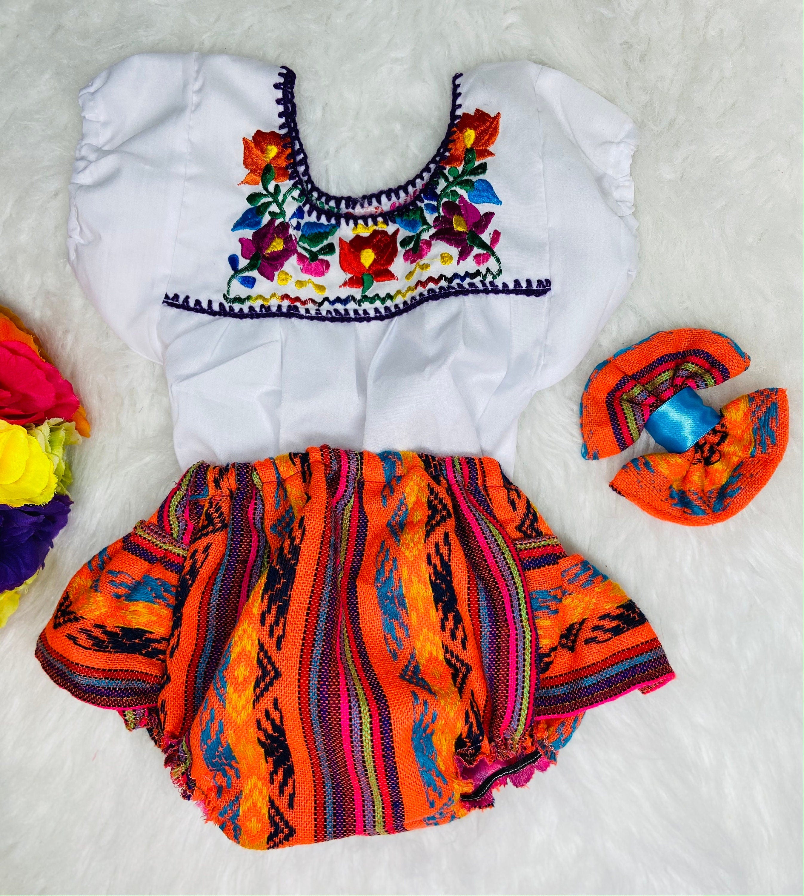 9-12 Months Baby Fiesta 3 piece Outfit: Sarape Bloomer, Hair bow, and Blouse - 1 year old Fiesta Outfit