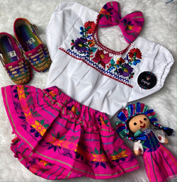 Image of 9-12 Months Baby Fiesta 3 piece Outfit: Sarape Bloomer, Hair bow, and Blouse - 1 year old Fiesta Outfit