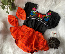 Image of 9-12 Months Baby Fiesta 3 piece Outfit: Sarape Bloomer, Hair bow, and Blouse - 1 year old Fiesta Outfit