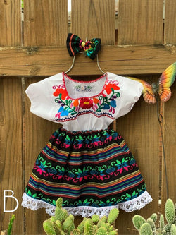 Image of Artisanal Handmade 9-12 Months Baby 3 Piece Outfit Set - Sarape Skirt, Blouse & Bow