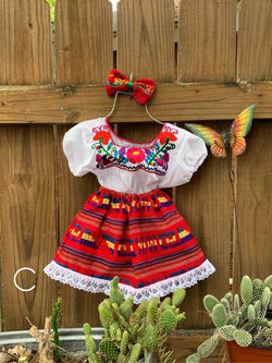 Image of Artisanal Handmade 9-12 Months Baby 3 Piece Outfit Set - Sarape Skirt, Blouse & Bow