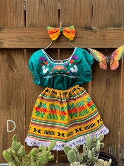 Image of Artisanal Handmade 9-12 Months Baby 3 Piece Outfit Set - Sarape Skirt, Blouse & Bow