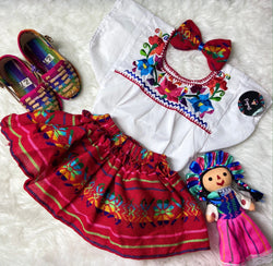 Image of 9-12 Months Baby Fiesta 3 piece Outfit: Sarape Bloomer, Hair bow, and Blouse - 1 year old Fiesta Outfit