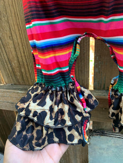 Image of Girls Zarape Bell Bottom Romper - Leopard Bell Bottoms - Serape Romper