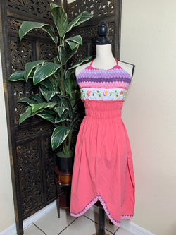 Image of Cute Artisanal Halter Dress - Handmade Coral Dress