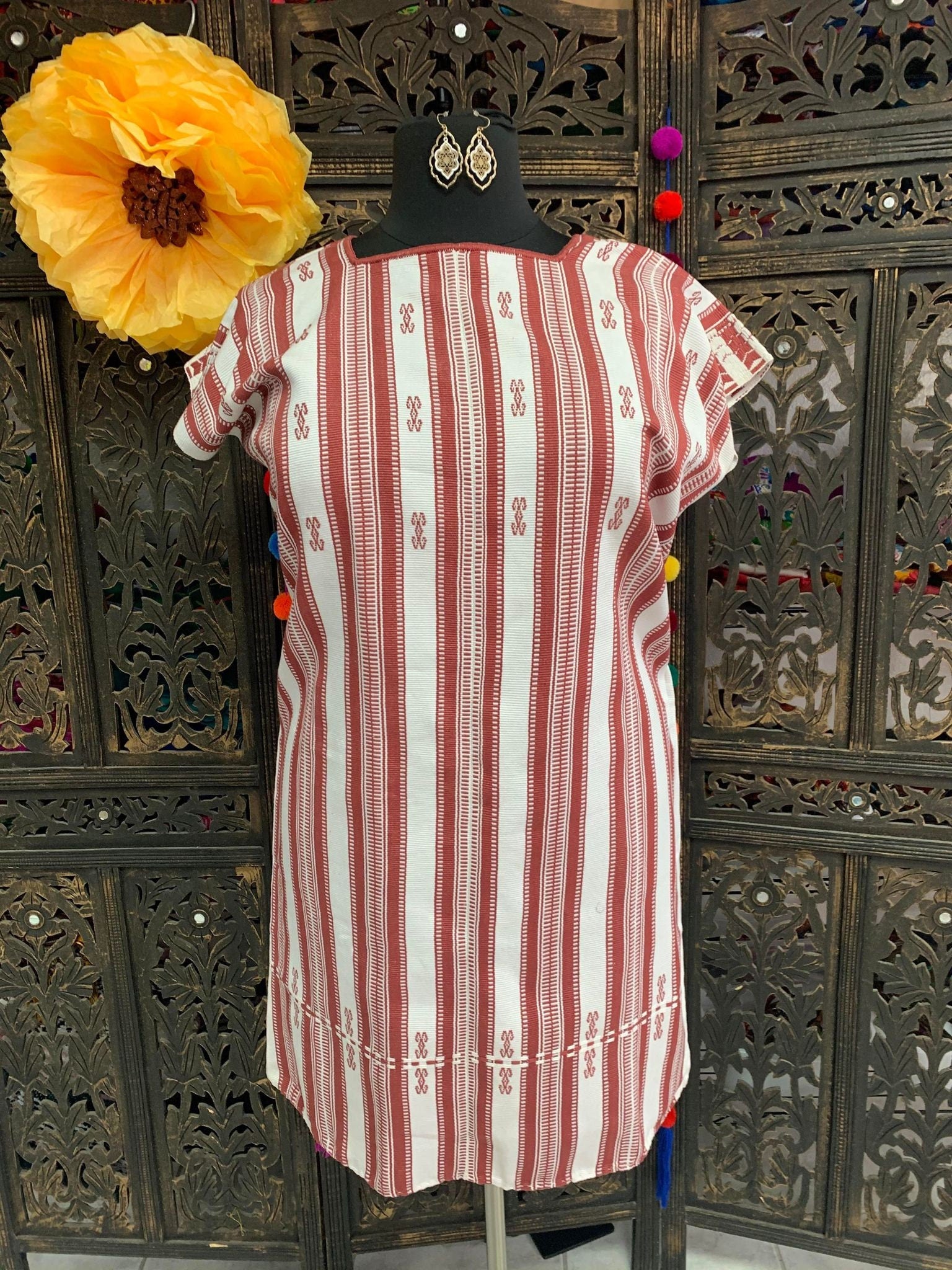 Beautiful Plus Size Striped Handmade Dress - Mexican Embroidered Dress - Floral Designs - L/XL