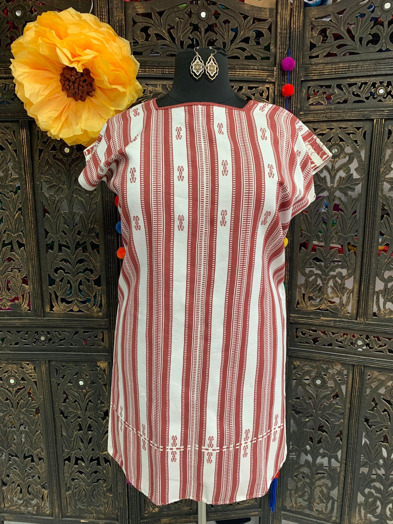 Beautiful Plus Size Striped Handmade Dress - Mexican Embroidered Dress - Floral Designs - L/XL