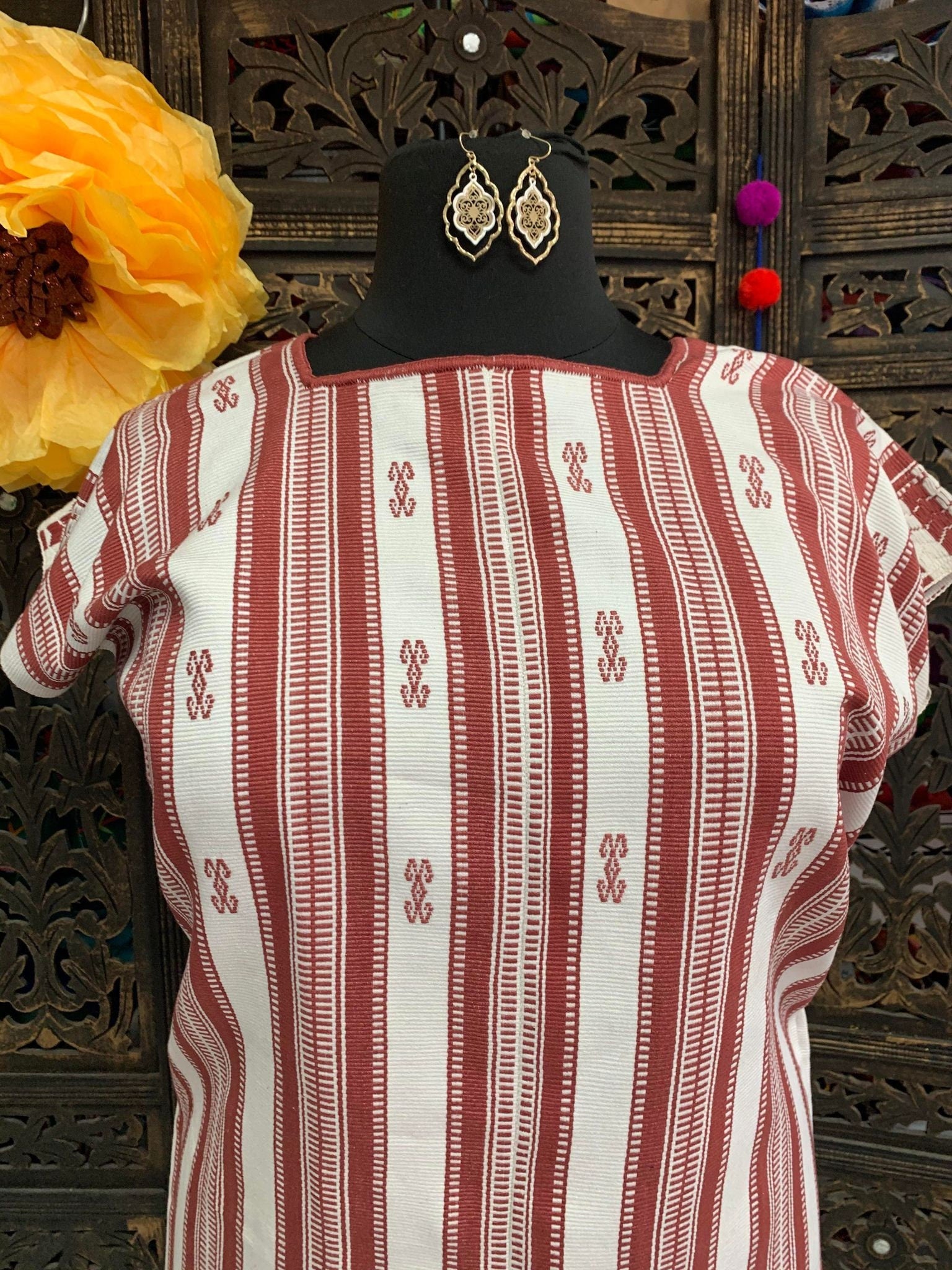 Beautiful Plus Size Striped Handmade Dress - Mexican Embroidered Dress - Floral Designs - L/XL