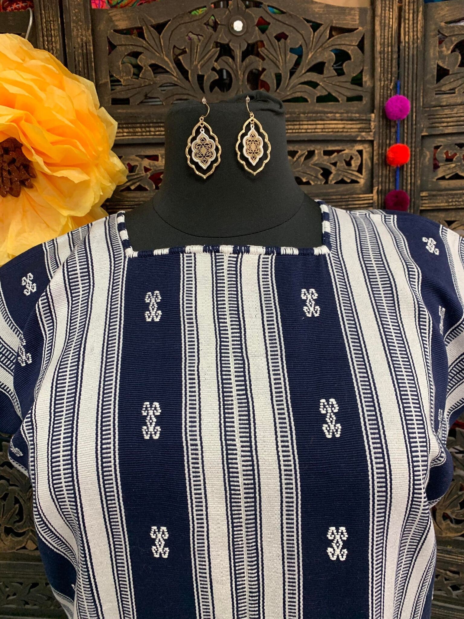 Beautiful Plus Size Striped Handmade Dress - Mexican Embroidered Dress - Floral Designs - L/XL