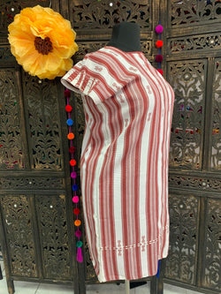 Image of Beautiful Plus Size Striped Handmade Dress - Mexican Embroidered Dress - Floral Designs - L/XL