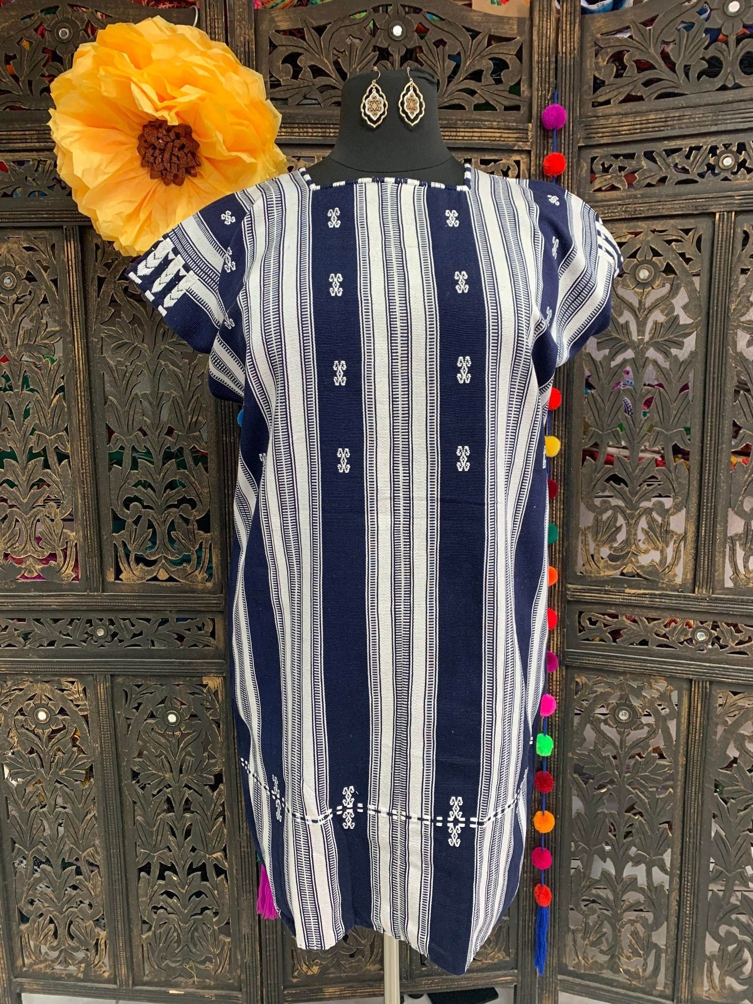 Beautiful Plus Size Striped Handmade Dress - Mexican Embroidered Dress - Floral Designs - L/XL