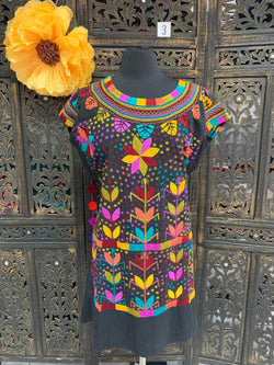 Image of Gorgeous Floral Hand Embroidered Dress - Mexican Embroidered Dress - SHORT SLEEVE - Floral Designs - M/L