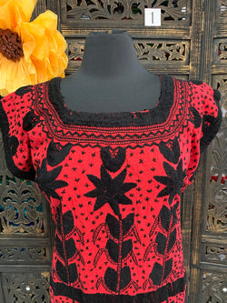 Image of Gorgeous Floral Hand Embroidered Dress - Mexican Embroidered Dress - SHORT SLEEVE - Floral Designs - M/L