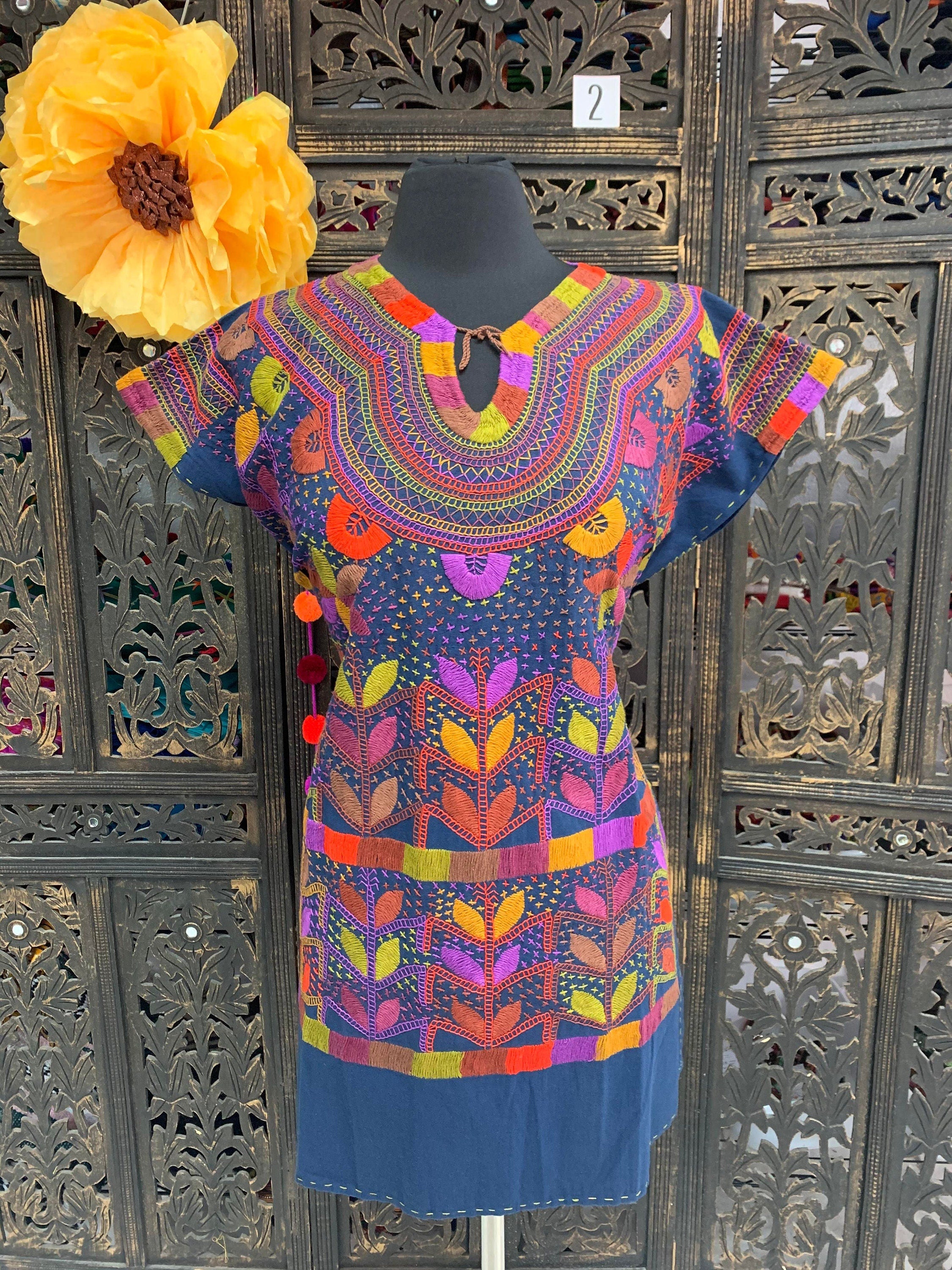 Gorgeous Floral Hand Embroidered Dress - Mexican Embroidered Dress - SHORT SLEEVE - Floral Designs - M/L