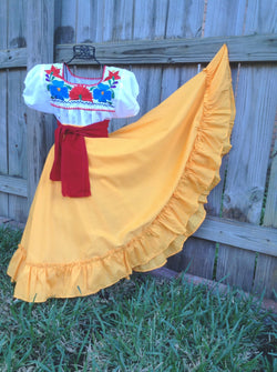 Image of 3 Piece Girls Dance Outfit, Folkloric skirt, embroidered blouse & matching belt